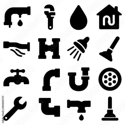 Plumbing Fixtures and Elements: An array of plumbing tools and elements, designed with an unwavering focus on functionality and visual clarity. Perfect for use in plumbing and related areas.