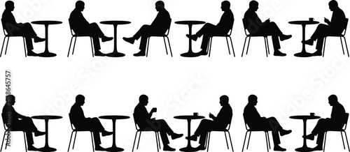 Business cafe meeting silhouette set showing people sitting at table, coffee break discussion, negotiation and professional communication isolated black vector illustration