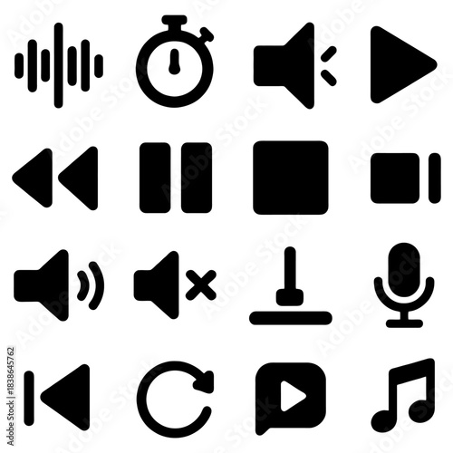 Audio Interface: A collection of simple, black icons representing various audio and media control functions, suitable for digital interfaces and multimedia applications.
