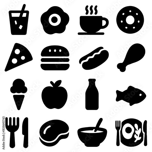 A Diverse Array of Icons: A collection of meticulously crafted, minimalistic icons representing a range of delectable foods and refreshing beverages.
