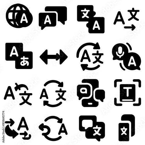 Translation Icon Collection: A collection of concise and clean translation icons, perfect for web, apps, or print projects. Highlighting the essence of language communication.