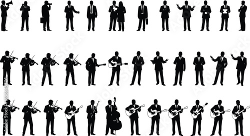 Business and music silhouette collection of professional men performing leadership, teamwork, public speaking, and orchestral concert roles in corporate style