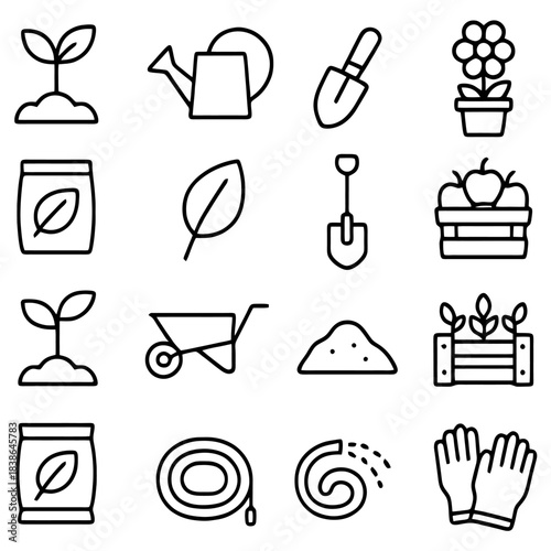 Gardening Tools Set: A comprehensive collection of essential gardening tools and elements, each symbol represents a vital aspect of nurturing a vibrant garden.