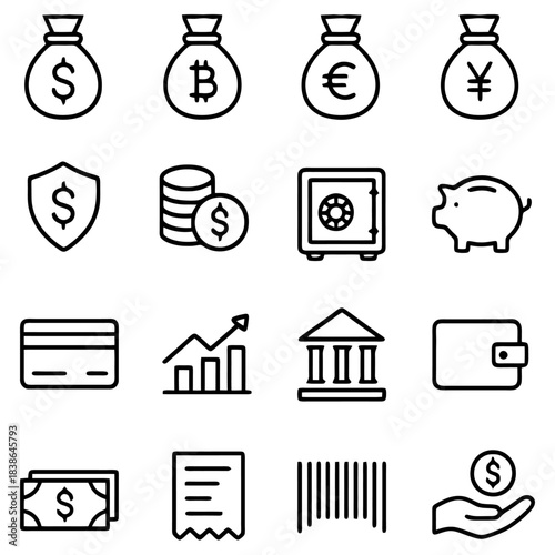 Finance and Banking Icons: A detailed collection of essential financial and banking icons, designed with a clean and minimalistic aesthetic. The icons cover various aspects of finance.