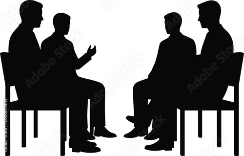 Business discussion silhouette showing group meeting, consultation, negotiation and professional conversation between seated people in formal office communication concept isolated vector