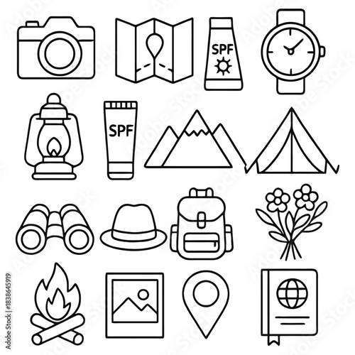 Adventure Essentials: A collection of meticulously outlined, monochromatic travel essentials. The arrangement captures the spirit of exploration and the joy of outdoor activities. 