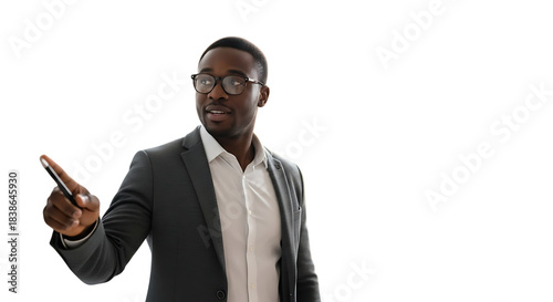 Man in suit and glasses pointing with a pen on a white background Keywords: man, male, adult, person, business, suit, glasses, pointing, pen, finger isolated on a transparent background