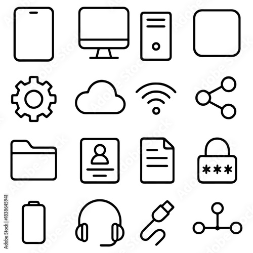 Digital World Icons: A collection of meticulously crafted digital icons, including smartphone, computer monitor, desktop computer, settings icon, cloud, wifi signal, share symbol, folder, contact.