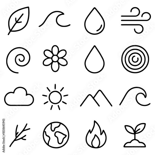 Symbolic Elements: A clean and minimalist collection of iconic representations of nature and the fundamental building blocks of the world. Each symbol represents a distinct element. 