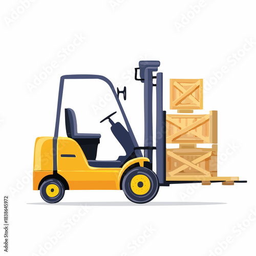 Yellow forklift truck loading wooden crates in a warehouse, logistics and material handling concept