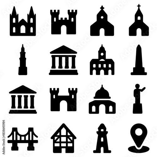 Architectural Icons Collection: A compilation of architectural icons, each symbolizing the diversity and grandeur of global architecture, representing cultural heritage. 