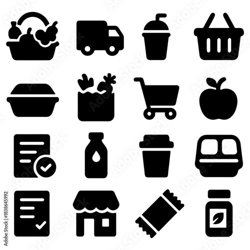Grocery Icons: A collection of simple, black and white icons that symbolize various elements of the grocery shopping process, from a basket of produce to a checkout counter.