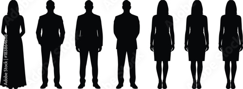 Business men and women standing silhouettes front view set showing formal attire, professional posture, leadership, corporate identity isolated on white