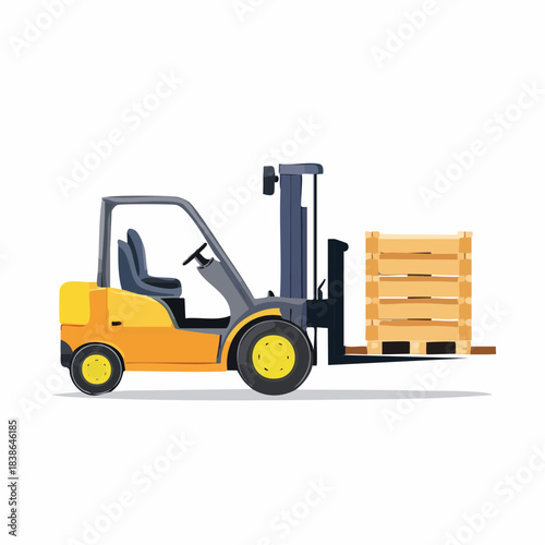 Vibrant yellow and grey industrial forklift efficiently transporting a stack of wooden pallets, ideal for illustrating material handling, logistics, and warehouse operations