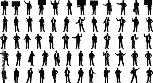 Business presentation and communication silhouettes collection showing men holding boards, gesturing, pointing, explaining ideas and professional speaking poses isolated