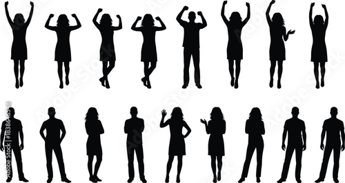 Celebrating men and women silhouettes set showing jumping, cheering, confident standing and hand gesture poses isolated black figures on white