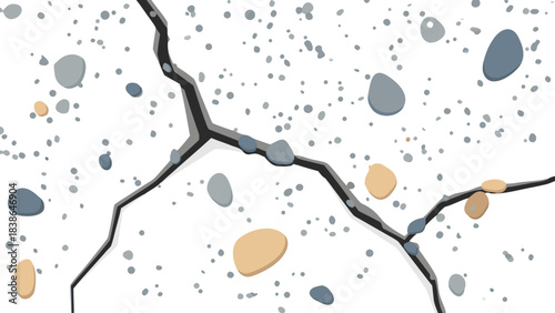 Abstract Black Background With Scattered Gray Blue And Tan Pebbles And A Jagged White Crack Across The Center Highlighting A Textured Surface With Minimalist Geometric Elements