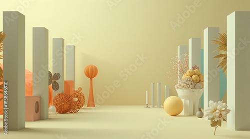 Abstract arrangement of decorative objects and spheres in soft lighting