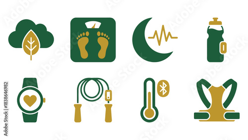 Health and Wellness Icons Set Fitness Sleep Nutrition Hydration and Smart Devices