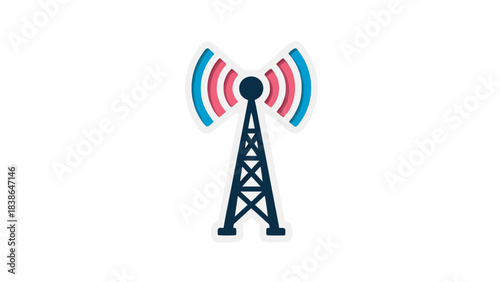 A stylized illustration of a telecommunications tower with radiating signals against a black background representing connectivity and broadcast technology