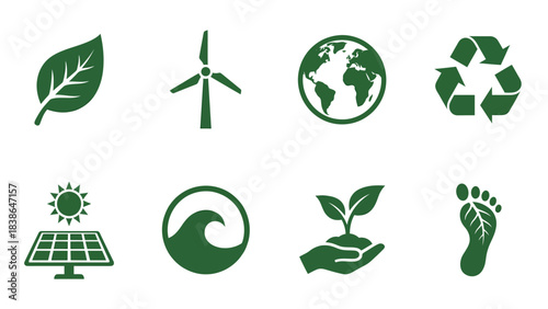 Green Ecology Icons Renewable Energy Earth Sustainability Nature Symbols Set