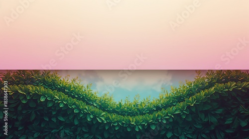 Green hedge against a pastel sky and clouds, peaceful nature backdrop