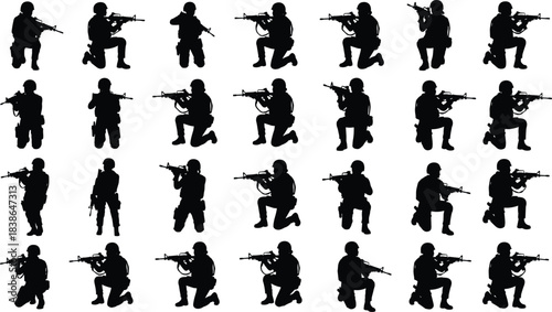 Kneeling military soldier silhouettes set showing tactical shooting positions with rifles, combat stance collection for war, security and defense concepts