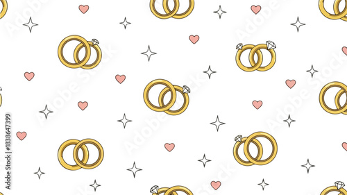 Elegant Seamless Pattern of Golden Wedding Rings with Hearts and Stars