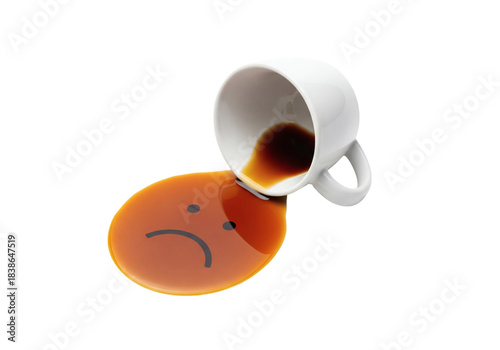 A spilled coffee cup, with a sad face drawn on the spilled liquid, symbolizing disappointment