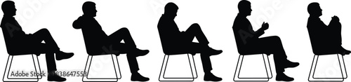 Man sitting silhouette poses set showing relaxed waiting, thinking, clapping and casual seated body language isolated black vector illustration collection