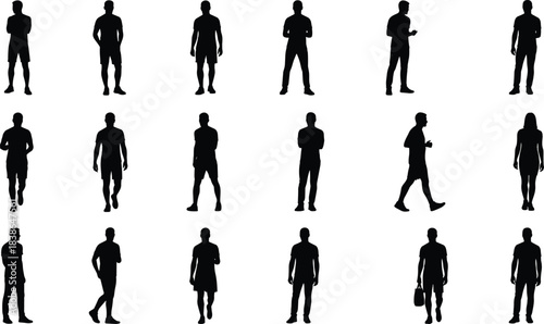 Male standing and walking silhouettes set showing casual men poses, shorts outfit, athletic posture, daily activities isolated black figures on white