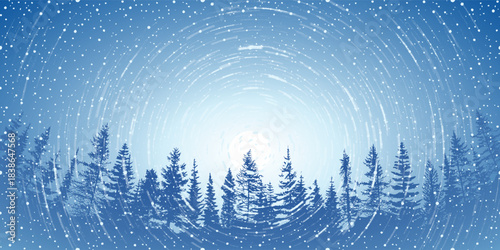 Winter vector illustration, snowstorm against the sun and forest