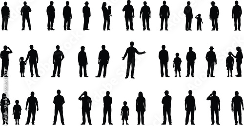 Men, women and children standing silhouettes set showing family members, individuals and casual poses with greeting, explaining and everyday lifestyle gestures