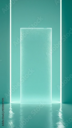 Minimalist teal abstract display podium with glowing lights and reflection