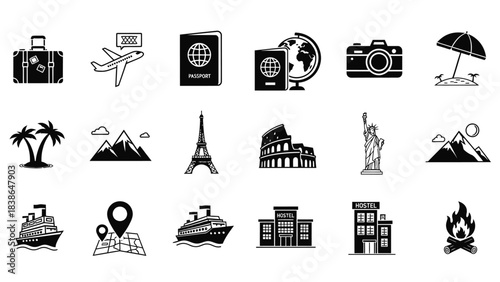 A comprehensive collection of black and white travel and tourism icons for global adventures and