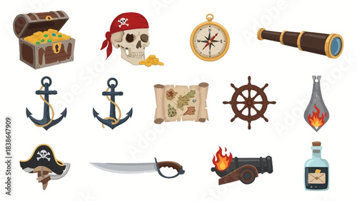 A comprehensive collection of classic pirate adventure themed cartoon vector icons and symbols for