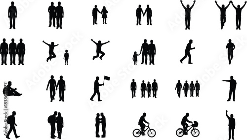 People silhouettes collection showing families, couples, groups, jumping, walking, running, cycling, celebrating, pointing and social interaction activities isolated on white