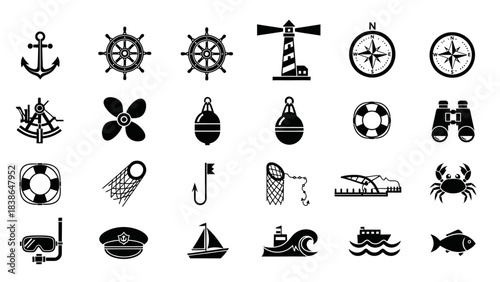 A comprehensive collection of flat black icons representing various nautical and marine elements