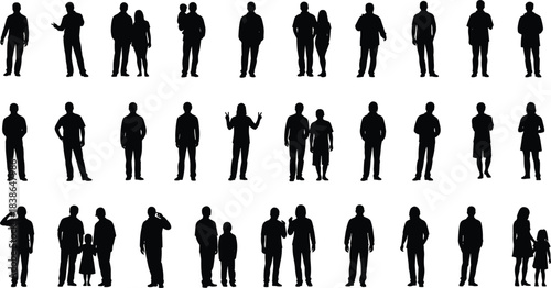People standing and interaction silhouettes set showing individuals, couples and families talking, posing, greeting, parenting and daily social lifestyle scenes