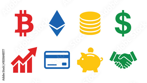 Diverse Financial Icons Set Digital Assets Currency Investment Savings and Transactions