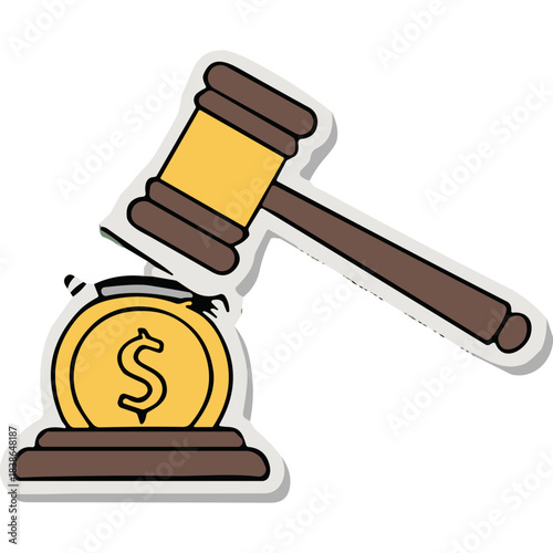 Justice Gavel striking a gold coin with a dollar sign on a pedestal representing financial judgment or auction in a clean illustrative style