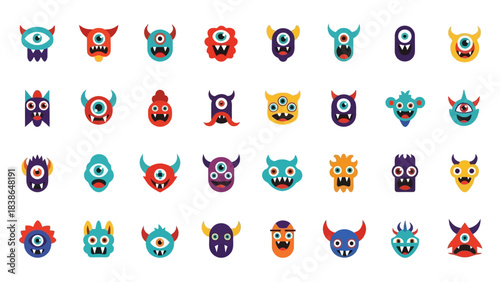 A vibrant collection of cute and funny cartoon monster faces perfect for children's designs and