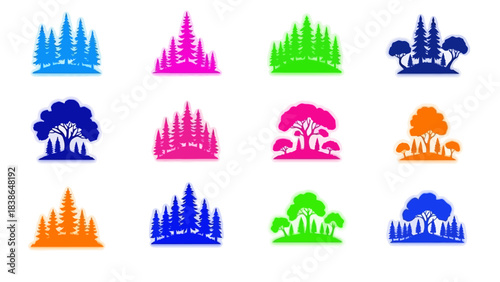 A vibrant collection of colorful tree and forest silhouette icons perfect for nature and
