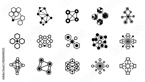 Abstract network and connection icons representing data, technology, and molecular structures