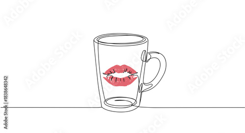 Line drawing of a glass mug featuring a bold red kiss print on the side, isolated on a transparent background showcasing a stylish and modern design