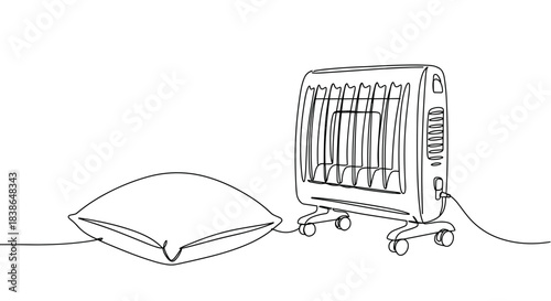 Line drawing of a portable electric heater and a soft pillow on a transparent background, perfect for warm indoor settings during cold days