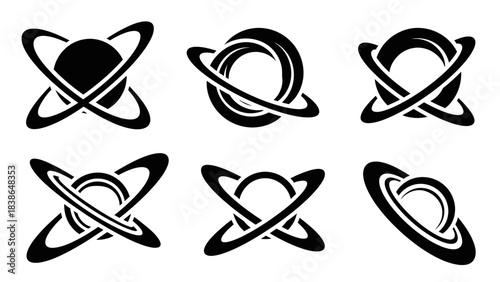 Abstract planet and ring logo designs in various dynamic perspectives, modern circular orbital