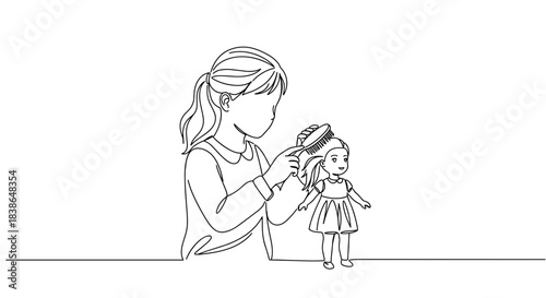 Line drawing of a mother brushing the hair of her daughter holding a doll while sitting at a table in a cozy indoor setting on a transparent background
