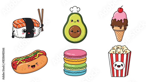 Adorable cartoon food icons collection featuring sushi, avocado, ice cream, hot dog, macarons, and