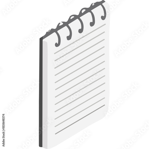 Isometric view of a blank lined notebook with a spiral binding on a black background minimalist illustration style